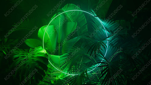 Blue and Green Neon Light with Tropical Plants. Circle shaped Fluorescent Frame in Nature Environment.