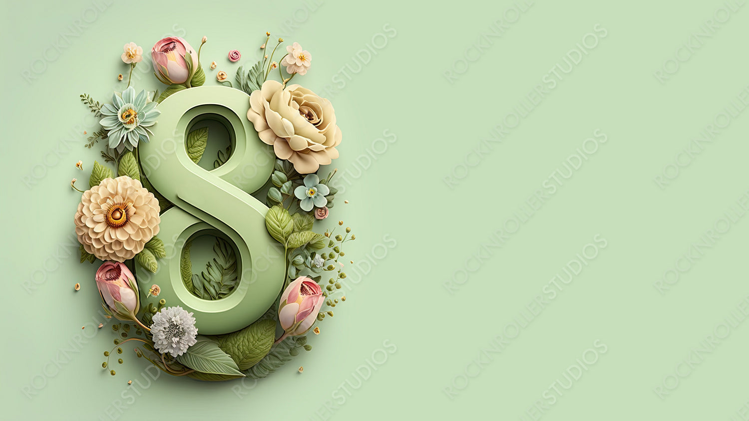 Green Floral Wallpaper to Celebrate International Woman's Day. Elegant Botanical Design with Number 8, Flowers and copy-space. Generative AI