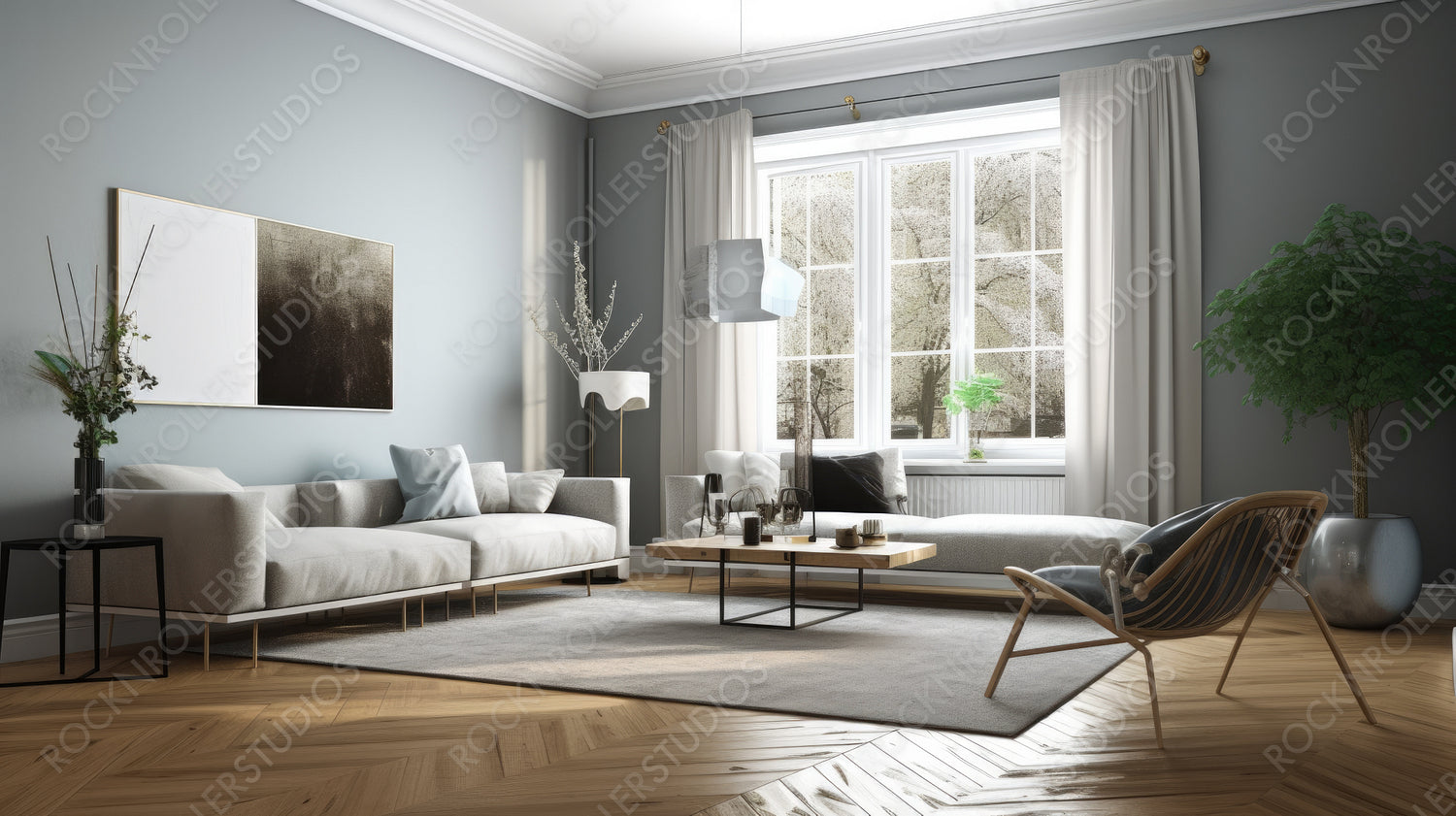 Stylish Living Room. Scandinavian Interior Design Background. Generative AI.