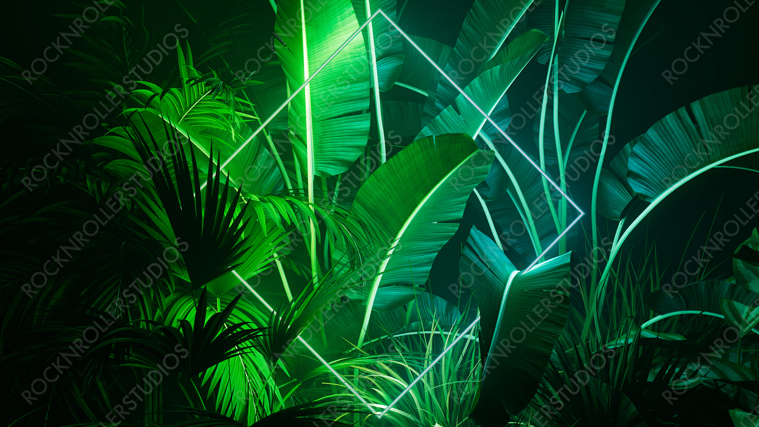 Futuristic Background Design. Tropical Leaves with Green and Blue, Diamond shaped Neon Frame.