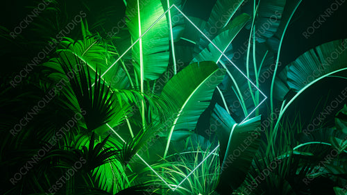 Futuristic Background Design. Tropical Leaves with Green and Blue, Diamond shaped Neon Frame.