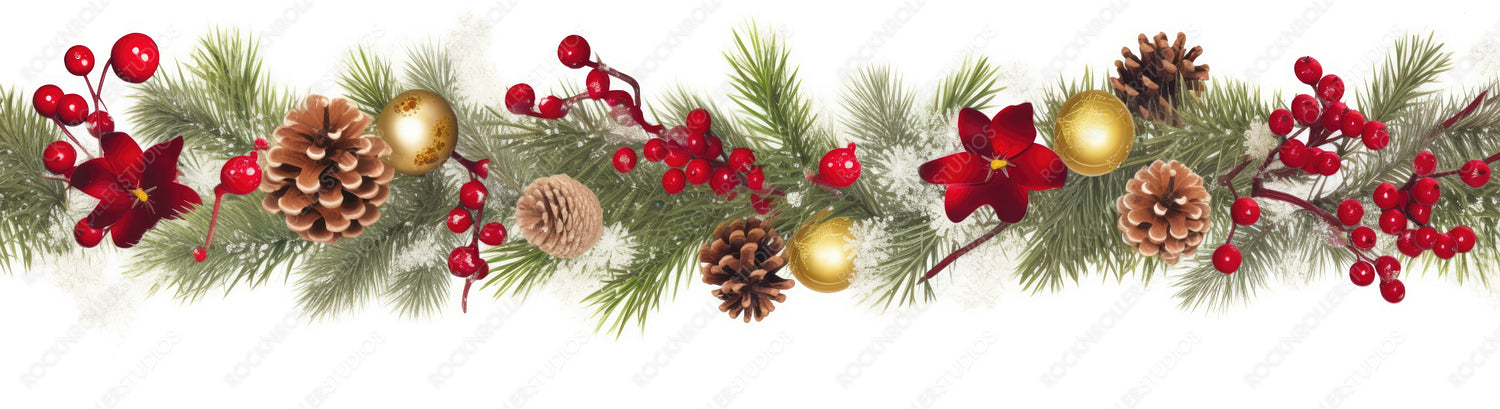 Festive Christmas border, isolated on white background. Fir green branches are decorated with gold stars, fir cones and red berries, close-up.