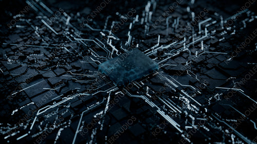 Advanced Technology Concept with Microchip. White Neon Data flows from the CPU across a Futuristic Motherboard. 3D render.