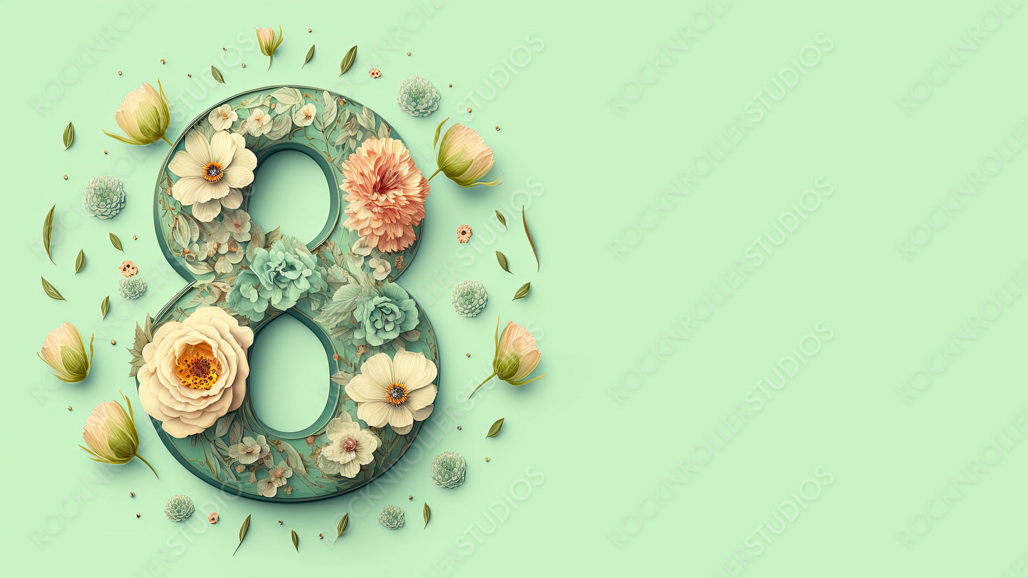 Number 8 in a Green Floral Design. Beautiful Botanical Background with Flowers and copy-space, to Celebrate International Woman's Day. Generative AI