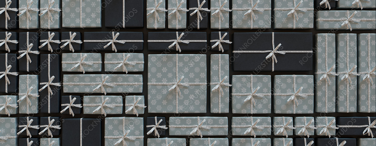 Trendy Duck Egg Blue and Black Christmas Wallpaper. Precisely arranged Seasonal Gifts form a Grid pattern.