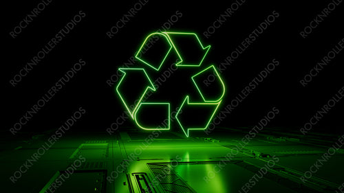 Green Eco Technology Concept with recycle symbol as a neon light. Vibrant colored icon, on a black background with high tech floor. 3D Render