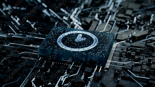 Time Technology Concept with clock symbol on a Microchip. Data flows from the CPU across a Futuristic Motherboard. 3D render.
