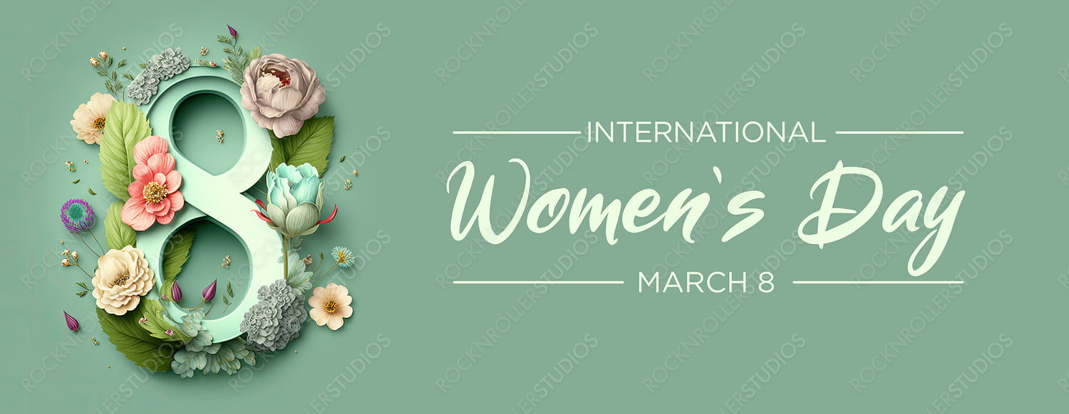 Number 8 in a Green Floral Design. Beautiful Botanical Banner with Flowers and Caption, to Celebrate International Woman's Day. Generative AI