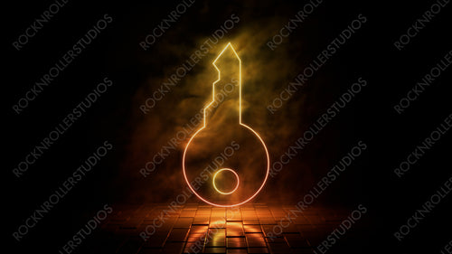 Orange and yellow neon light key icon. Vibrant colored technology symbol, isolated on a black background. 3D Render