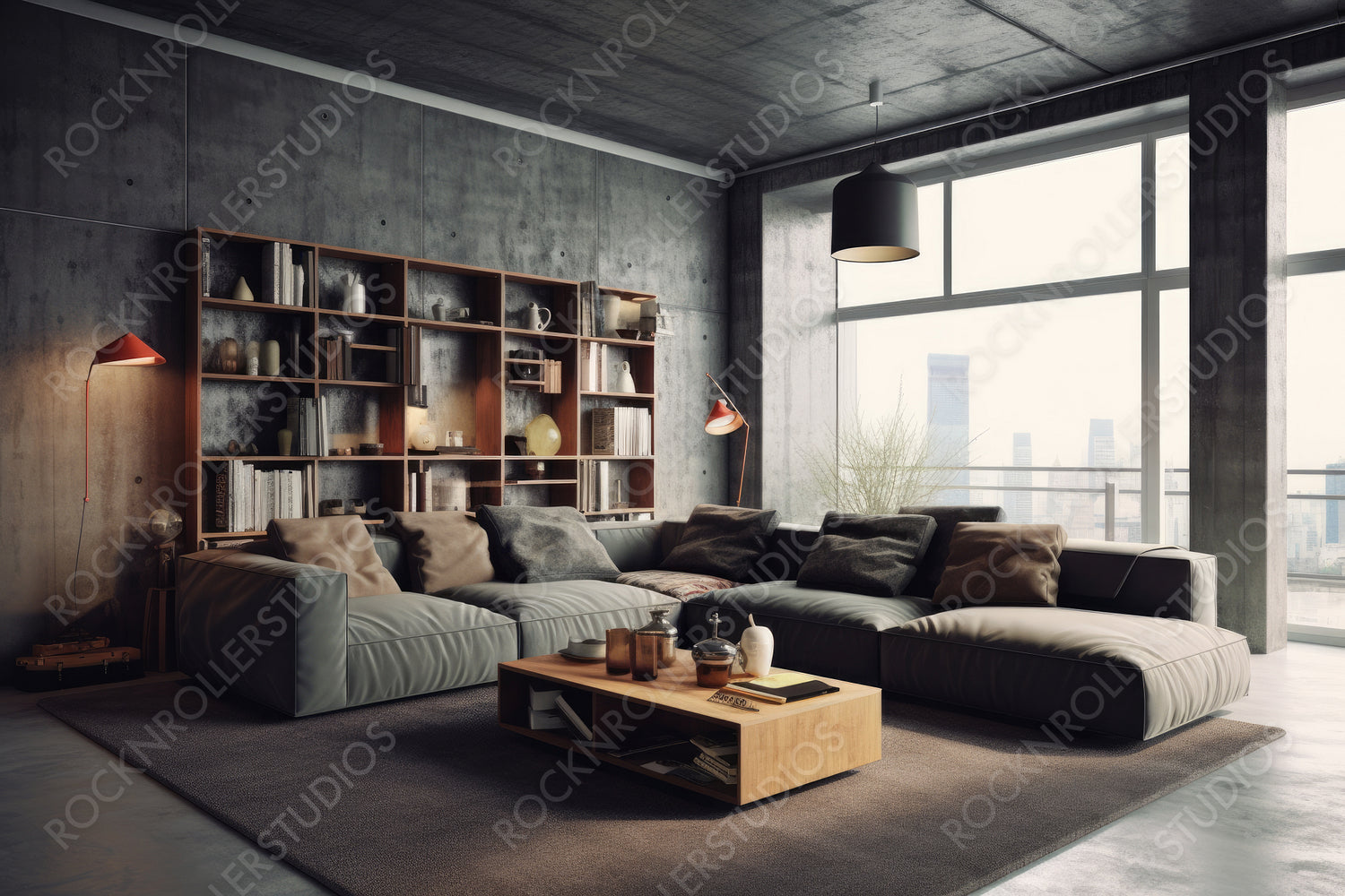 Industrial Living Room Background. Contemporary Interior Design. Generative AI.