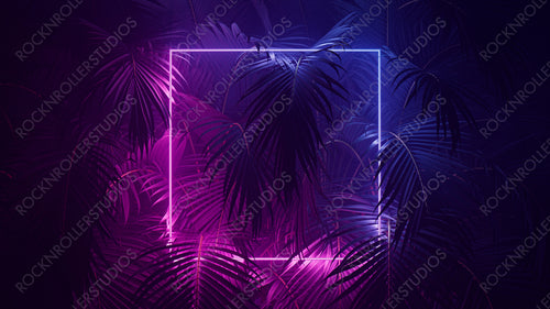 Cyber Background Design. Tropical Plants with Pink and Blue, Square shaped Neon Frame.