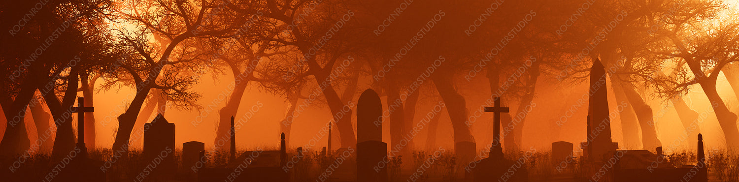 Halloween Banner with Churchyard. Atmospheric scene with Tombstones and Trees enveloped in Orange Mist.
