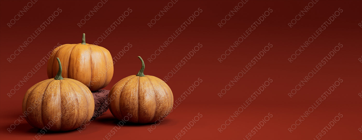 Seasonal background Banner with copy-space. Trio of Pumpkins on Burnt Orange color. Fall Concept.
