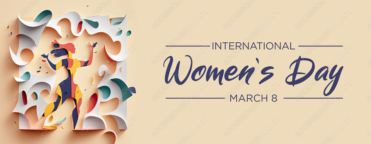 Lively Paper Craft Banner to Celebrate International Woman's Day. Multicolored Geometric Design with Dancing Woman, Abstract Shapes and Caption. Generative AI.