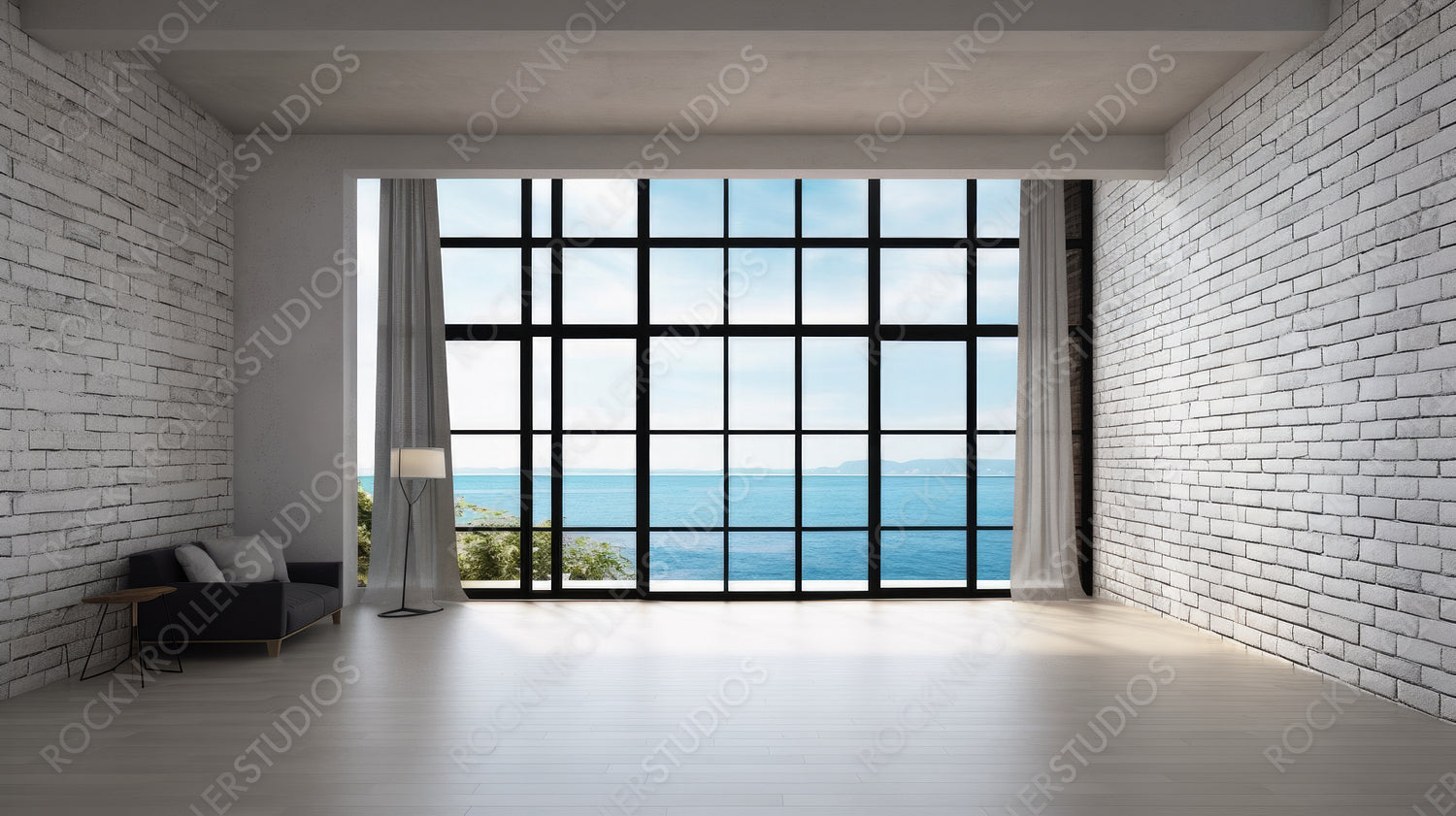 Sea View Living Room. Contemporary Interior Design Background. Generative AI.