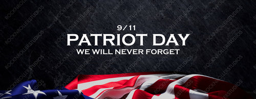 US Flag Banner with Patriot Day Caption on Black Stone. Authentic September 11 Background.