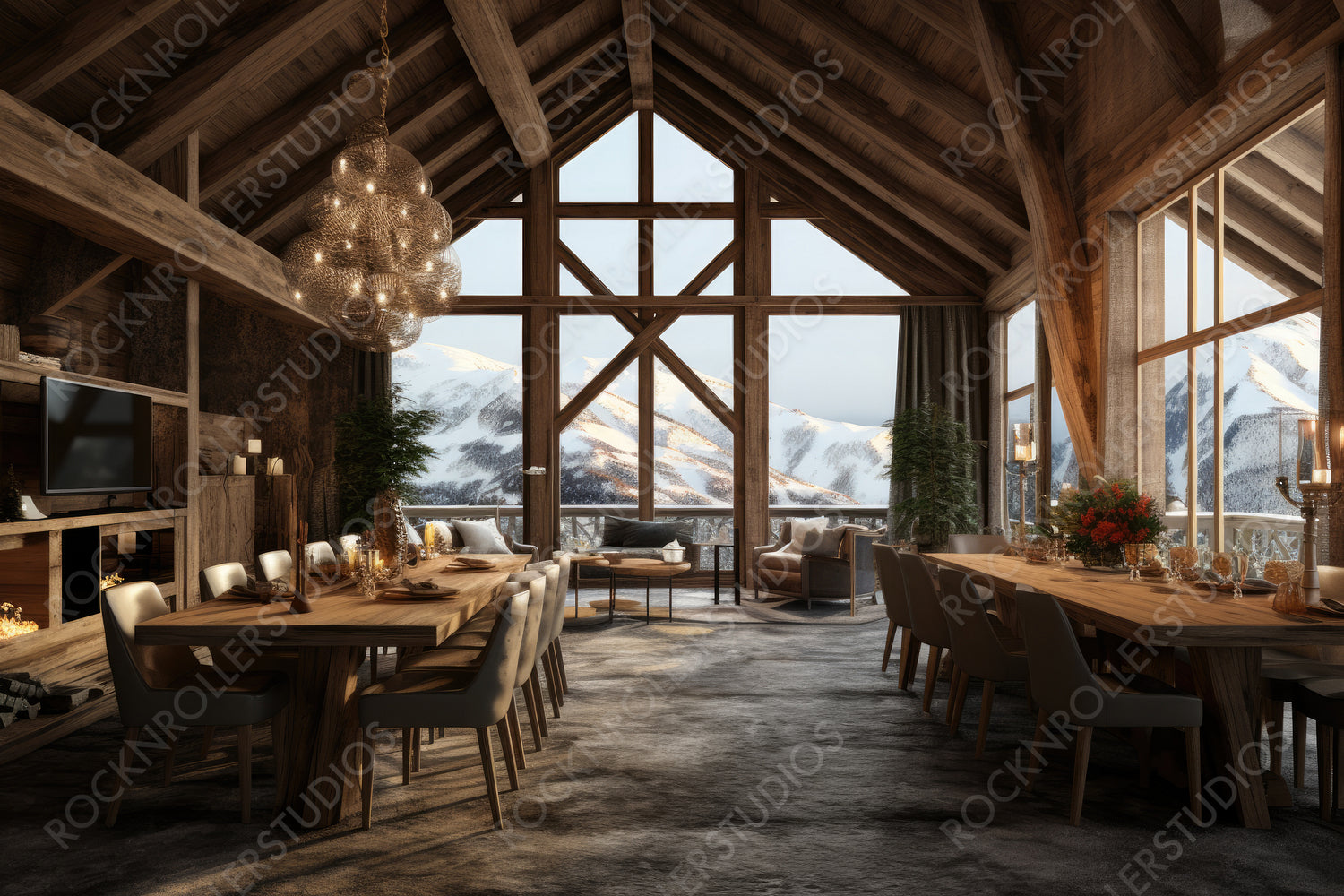 Contemporary Ski Chalet. Rustic Interior Design Background. Generative AI.