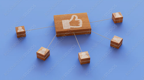 Social Media Technology Concept with like Symbol on a Wooden Block. User Network Connections are Represented with White string. Blue background. 3D Render.