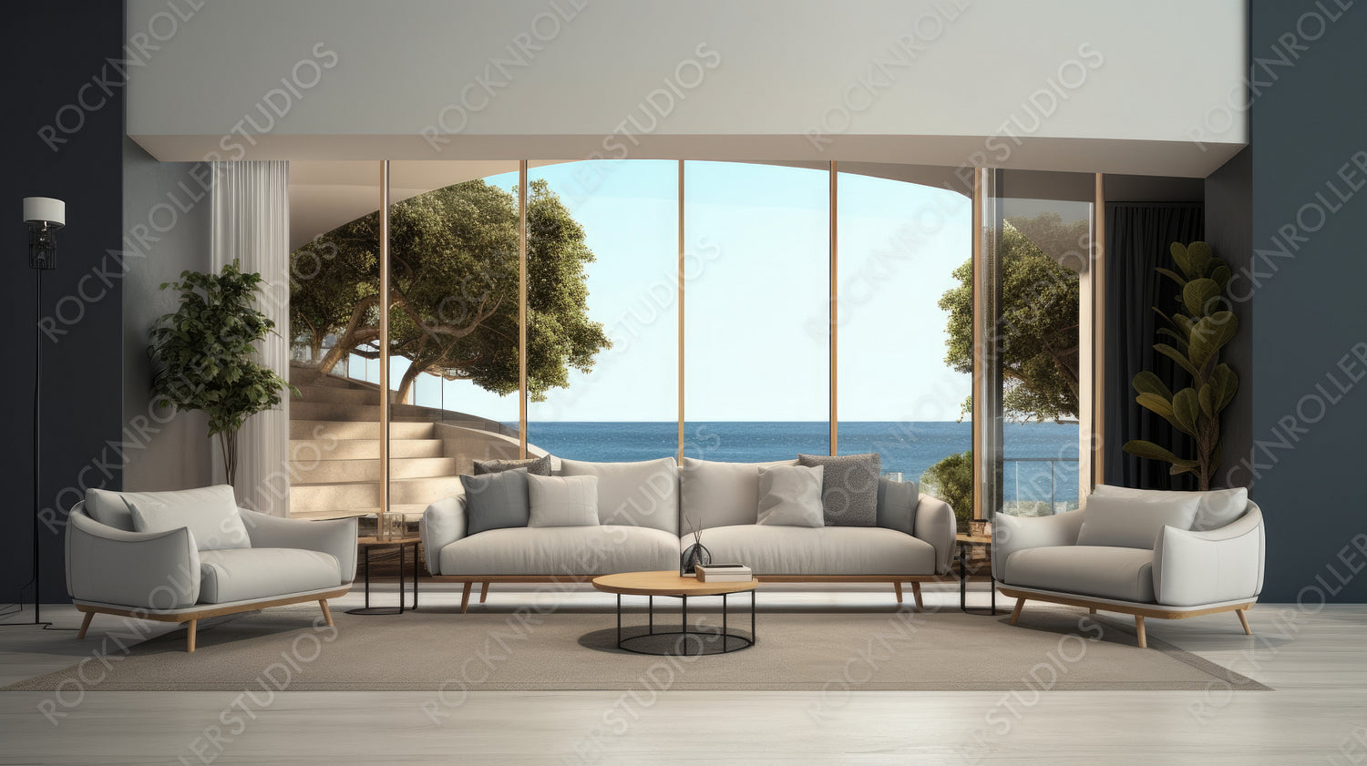Scandi Living Room. Contemporary Interior Design Background. Generative AI.