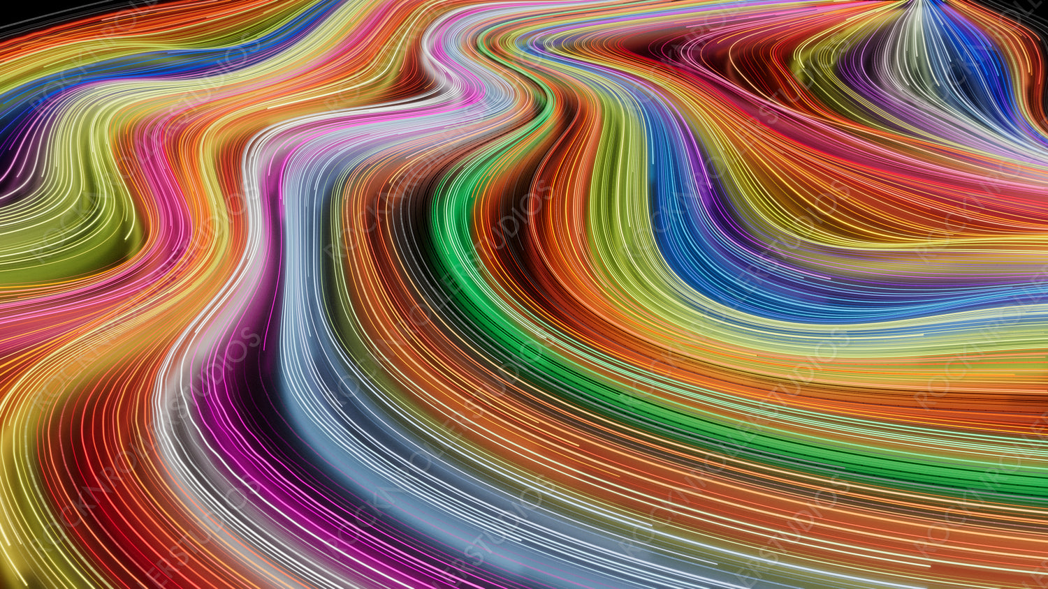 Wavy Neon Lines Background with Orange, Pink and Green Stripes. 3D Render.