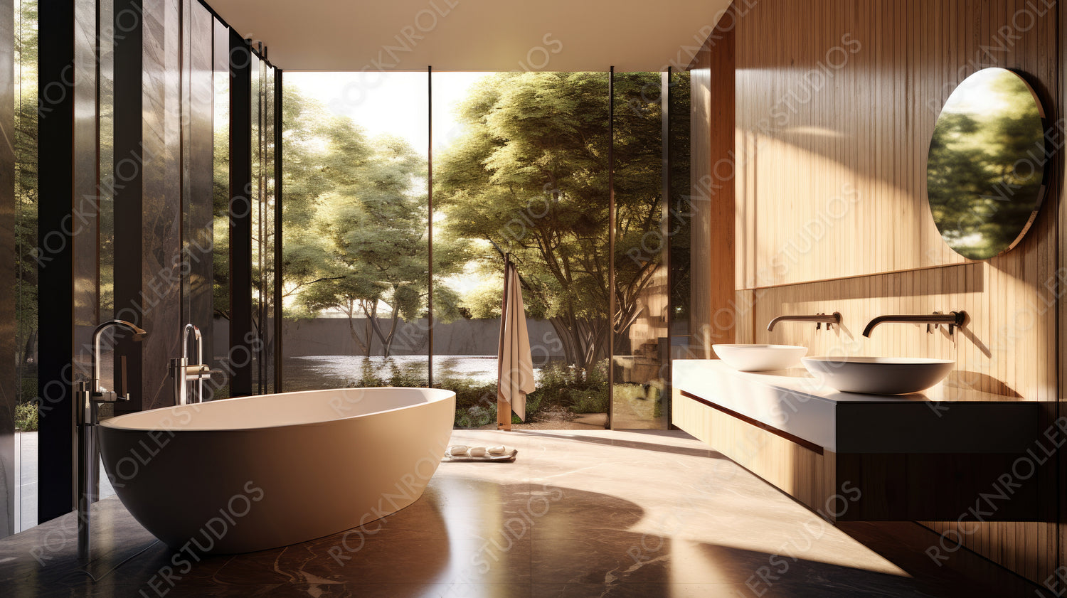 Modernist Bathroom Background. Contemporary Interior Design. Generative AI.