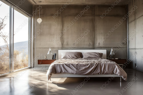 Stylish Interior Design Background. Minimal Bedroom. Generative AI.