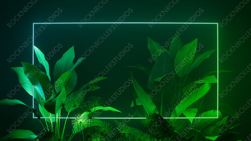 Green and Blue Neon Light with Tropical Plants. Rectangle shaped Fluorescent Frame in Exotic Environment.