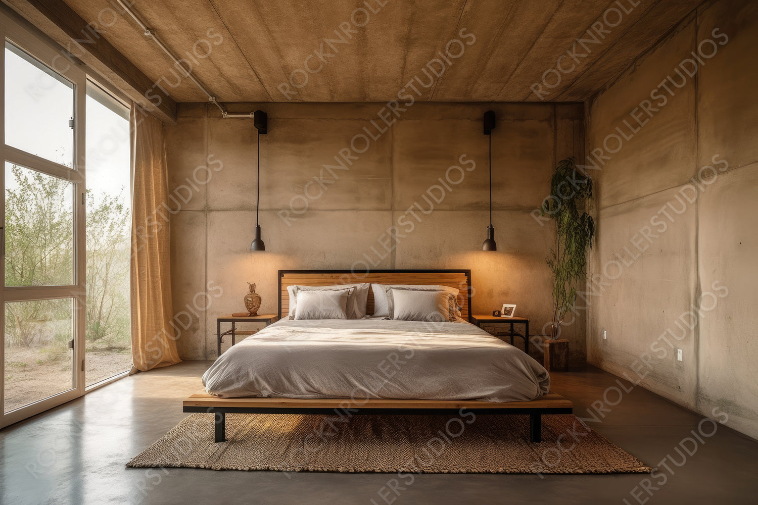 Minimal Interior Design Background. Stylish Bedroom. Generative AI.