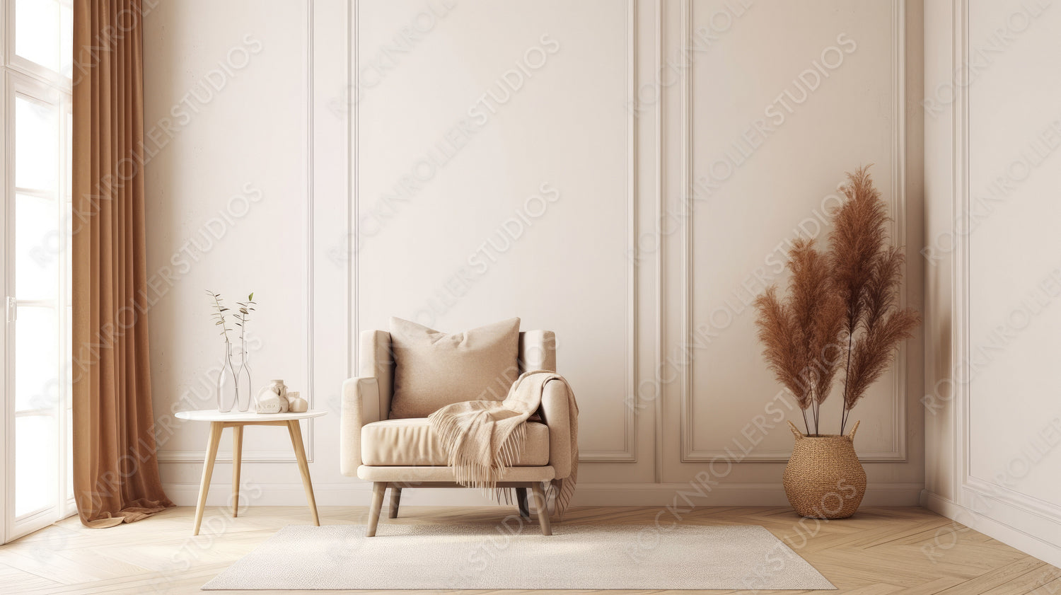 Boho Living Room Background. Contemporary Interior Design. Generative AI.