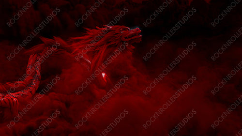 Chinese New Year Concept with Flying Dragon against a Cloudy Sky. Red design with copy-space.