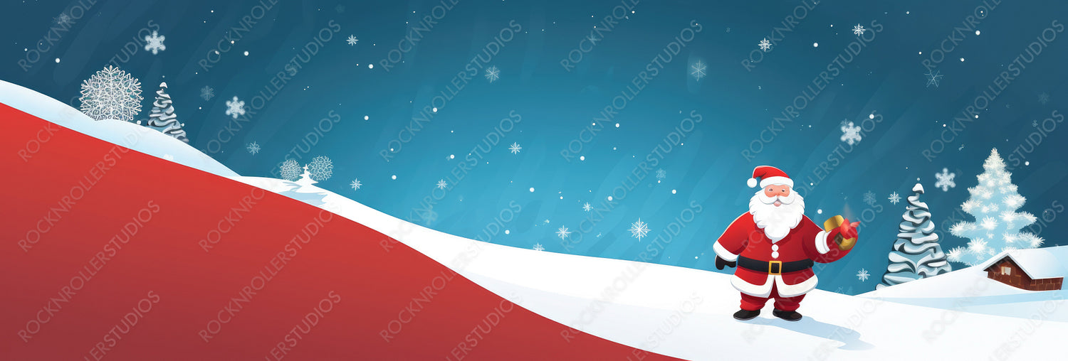 Santa Claus Delivering Christmas Gifts at Snow Fall. Merry Christmas Illustration.