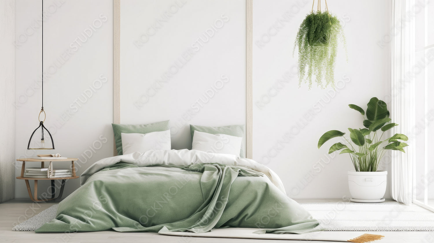 Stylish Interior Design Background. Modern Bedroom. Generative AI.