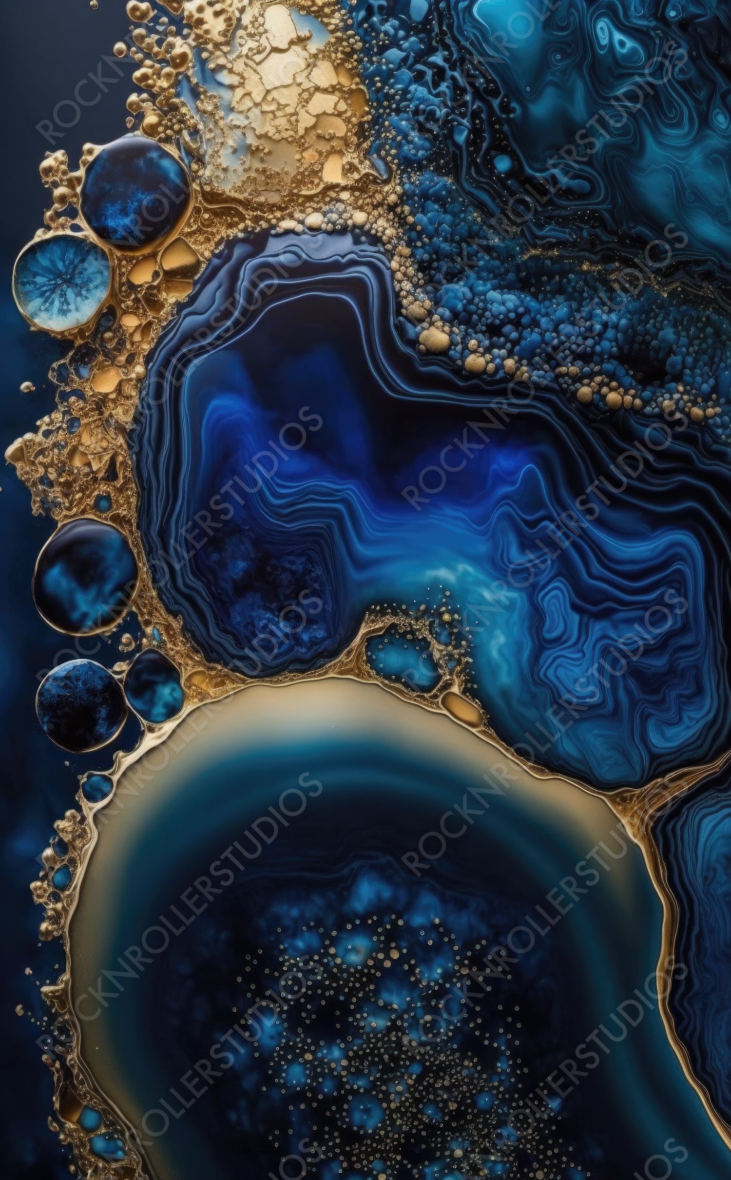 Elegant Art Wallpaper. Paint Swirls in Beautiful Navy Blue colors, with Gold Powder. Generative AI.