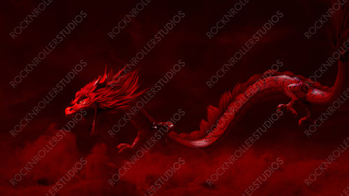 Lunar New Year Concept. Roaring Chinese Dragon against a Cloudy Sky. Red design with copy-space.