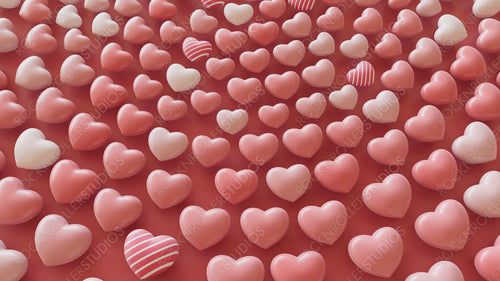 White, Pink and Striped 3D Hearts arranged in the Shape of a Spiral. Modern Valentine's Day Background. 3D Render.