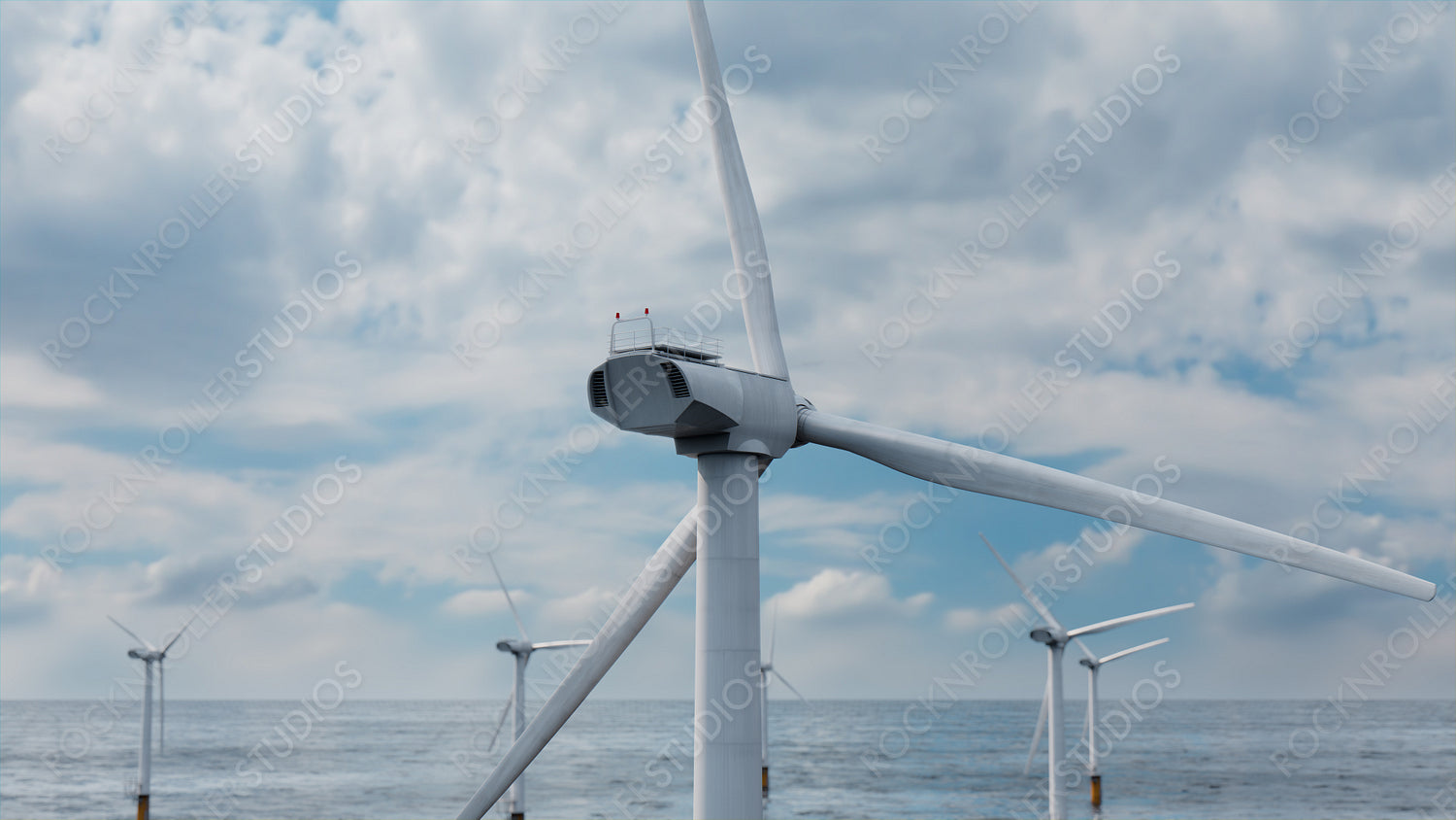 Wind Turbines. Offshore Wind Farm on a Cloudy Afternoon. Sustainable Electricity Concept.