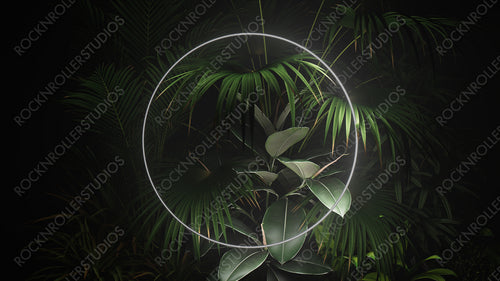 Cyber Background Design. Tropical Plants with White, Circle shaped Neon Frame.