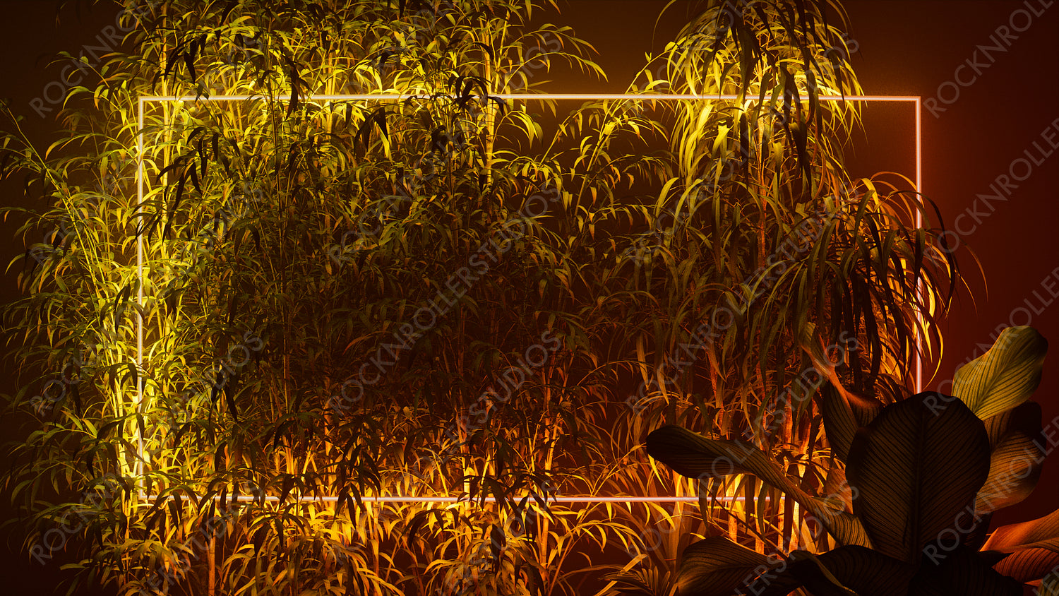 Tropical Plants Illuminated with Orange and Yellow Fluorescent Light. Exotic Environment with Rectangle shaped Neon Frame.