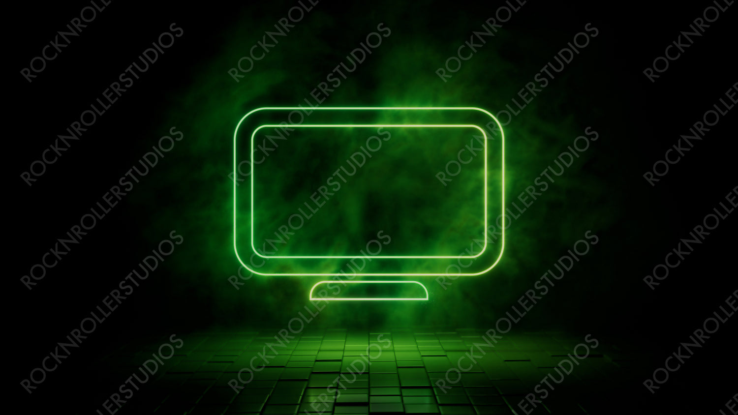 Green neon light display icon. Vibrant colored technology symbol, isolated on a black background. 3D Render