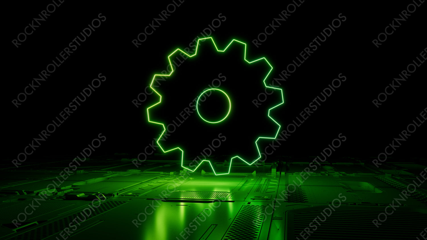 Green Configure Technology Concept with cog symbol as a neon light. Vibrant colored icon, on a black background with high tech floor. 3D Render