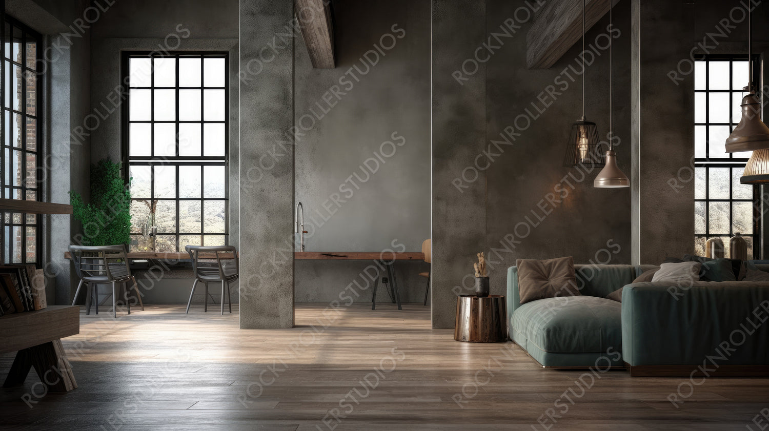 Industrial Living Room. Contemporary Interior Design Background. Generative AI.