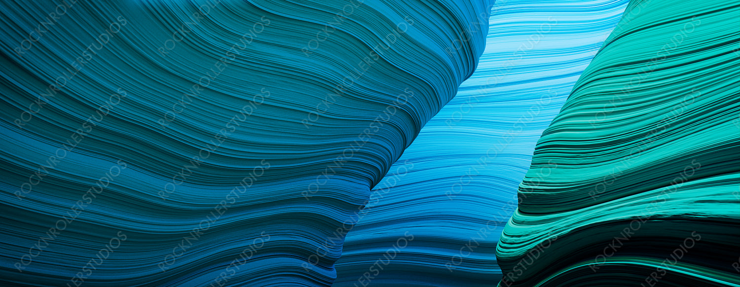 Blue and Turquoise 3D Rippled Geometry. Trendy Wallpaper with Natural Surfaces.