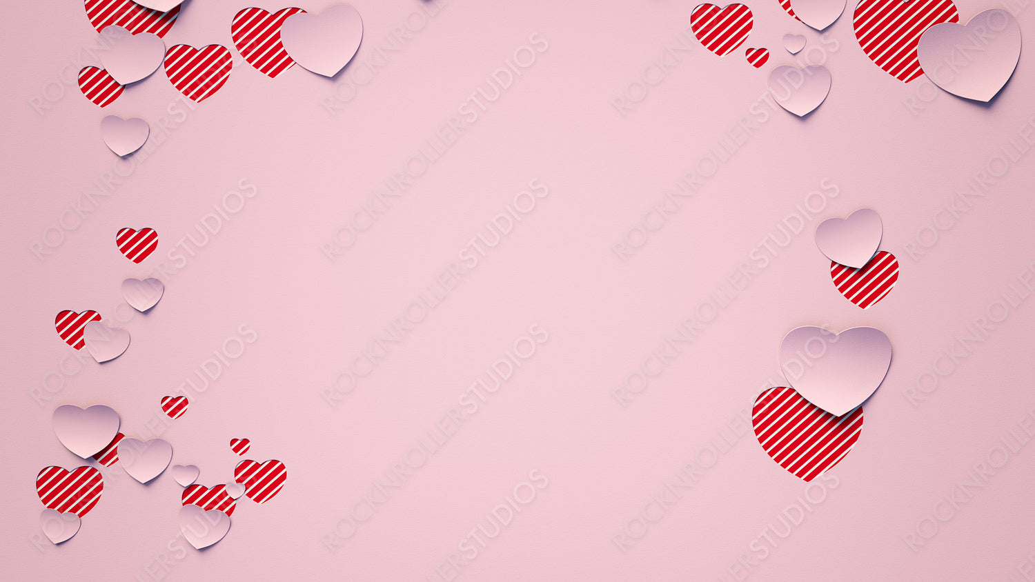 Paper Heart background with copy space. Pink and Red striped Valentine Wallpaper with cut-out love hearts.