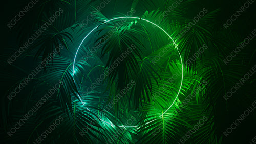 Tropical Plants Illuminated with Green and Blue Fluorescent Light. Jungle Environment with Circle shaped Neon Frame.
