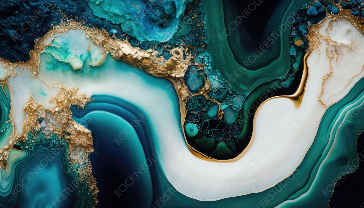 Contemporary Design Background. Paint Swirls in Beautiful Teal and Blue colors, with Gold Glitter. Generative AI.