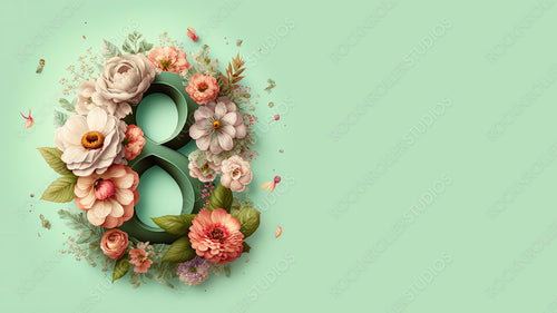 Premium Botanical Background to Celebrate International Woman's Day. Green Floral Design with Number 8, Flowers and copy-space. Generative AI.