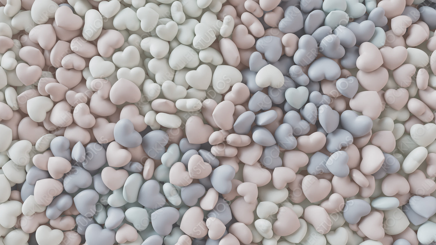 Multicolored Heart background. Valentine Wallpaper with Pink, White and Blue love hearts. 3D Render 
