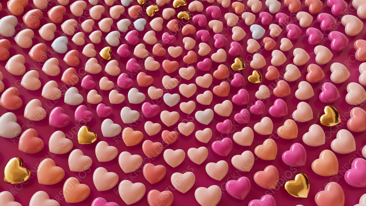 Valentine's Day Background. Spiral Design with Pink, Peach and Gold 3d Hearts. 3D Render.