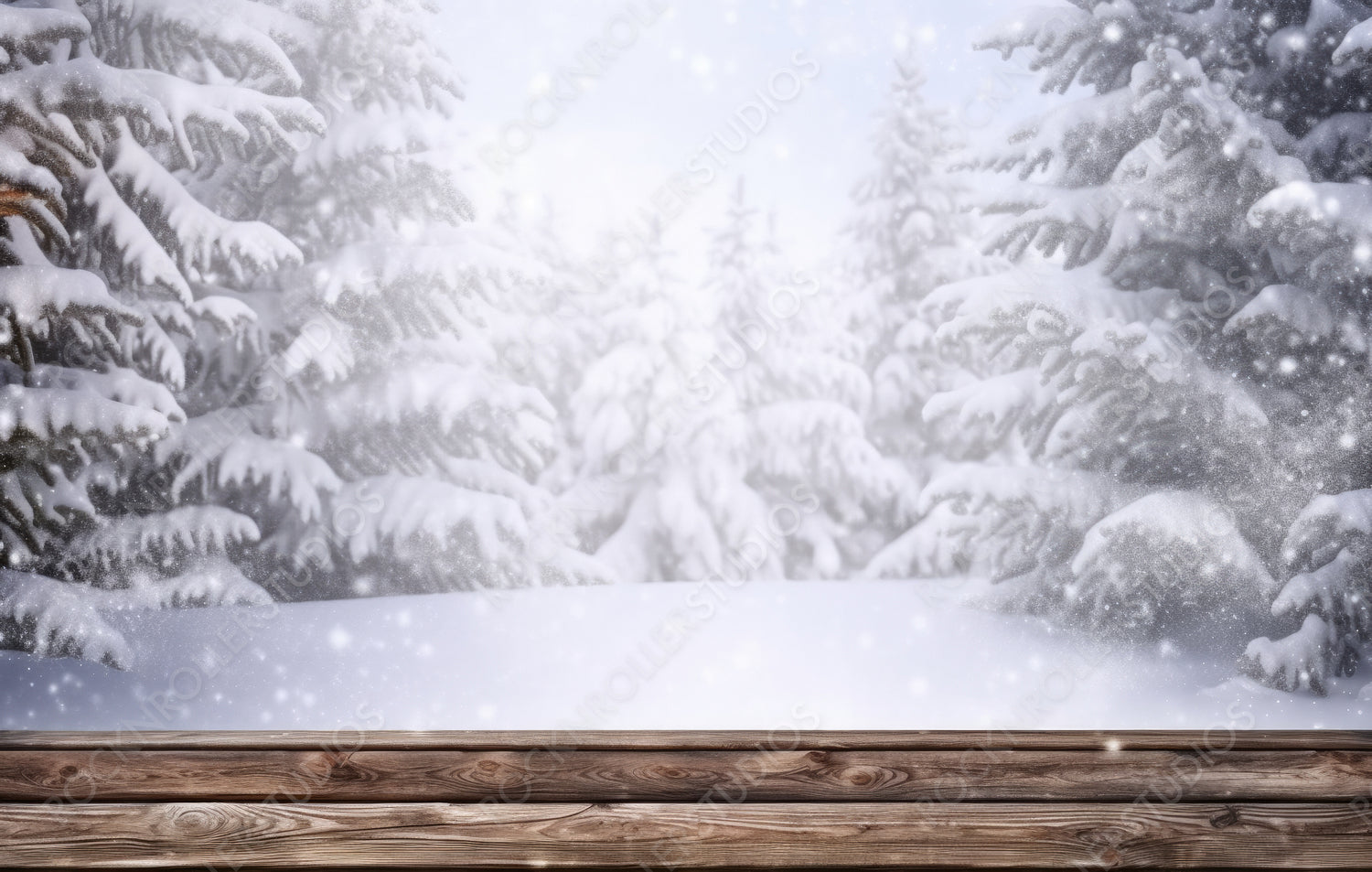 Winter christmas scenic background with copy space. The wooden flooring was strewn with snow in the forest and the branches of fir-trees covered with snow on the nature.