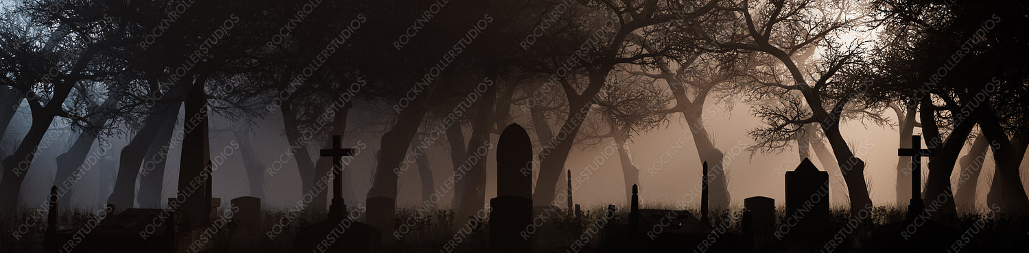 Spooky Cemetery at Night. Pale Halloween Banner with Gravestones and Trees.